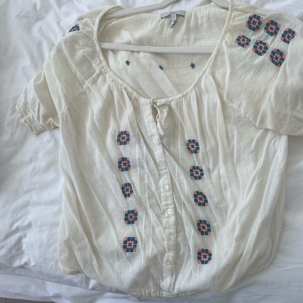 Joie peasant blouse with tie waist and embroidery